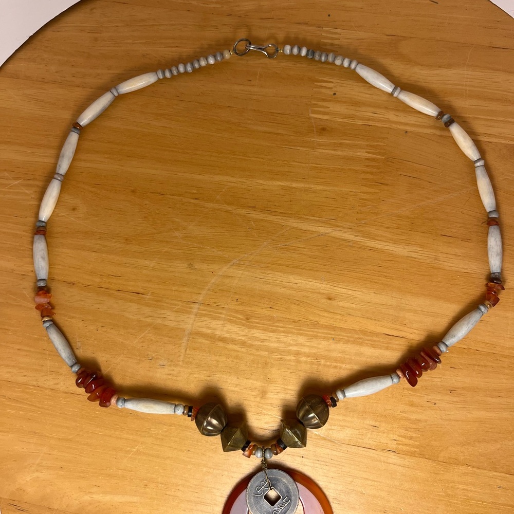 Vintage Carnelian And Chinese Coin Bone Bronze Bead Carnelian Chip Necklace